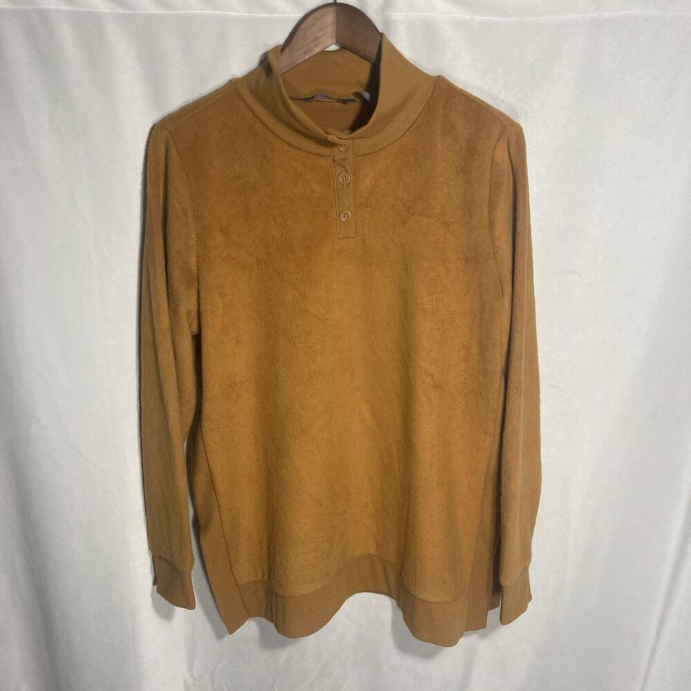 ANY BODY brown mock neck 1/4 button long sleeve fleece pullover sweat shirt M